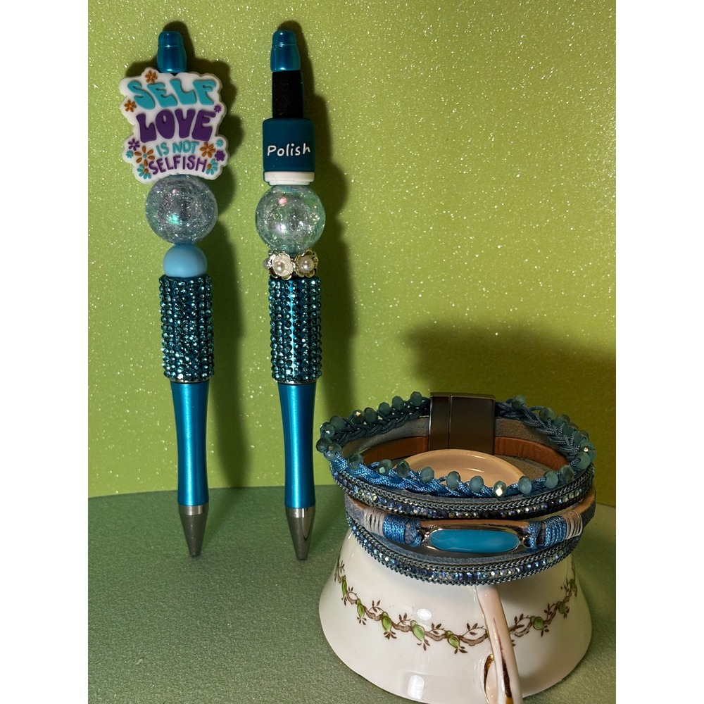 Blue Beaded Pen Set with Self Love Charm and Matching Magnetic Wrap Bracelet
